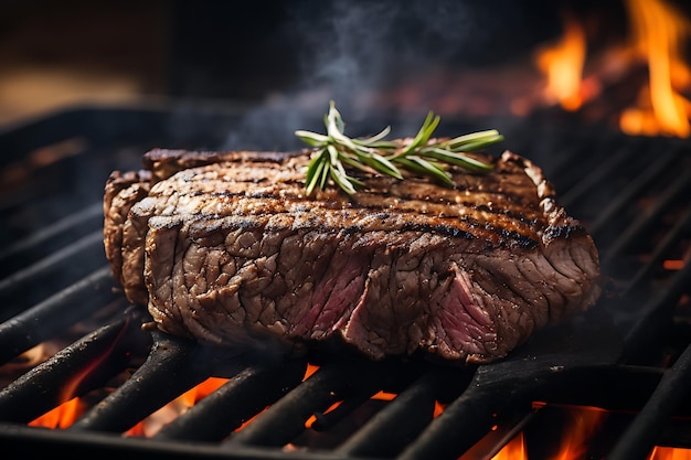 bistec en la parrilla primer plano en el fondo del fuego