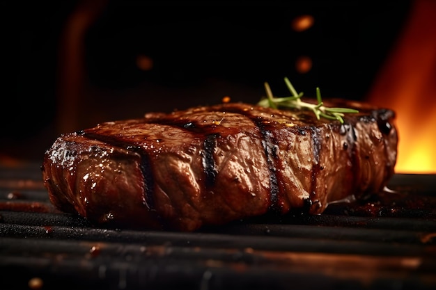 Un bistec a la parrilla con una ramita de romero encima