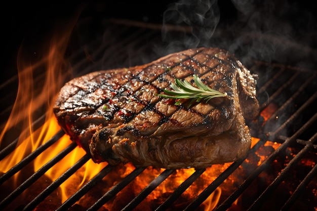 Un bistec a la parrilla con una ramita de romero.