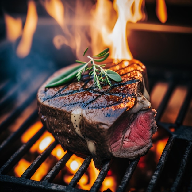 Un bistec a la parrilla con una ramita de romero.