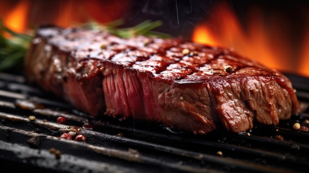 bistec a la parrilla de romero medio raro de fondo de llama ahumada