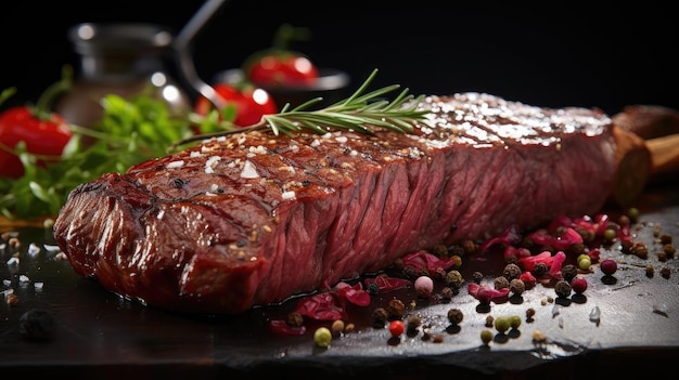 bistec a la parrilla con salsa de barbacoa derretida sobre un fondo negro y borroso