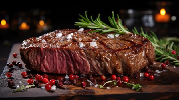 bistec a la parrilla con salsa de barbacoa derretida sobre un fondo negro y borroso