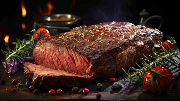 bistec a la parrilla con salsa de barbacoa derretida sobre un fondo negro y borroso