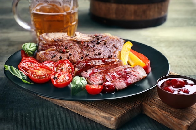 Bistec a la parrilla con verduras frescas en plato y jarra de cerveza en mesa de madera