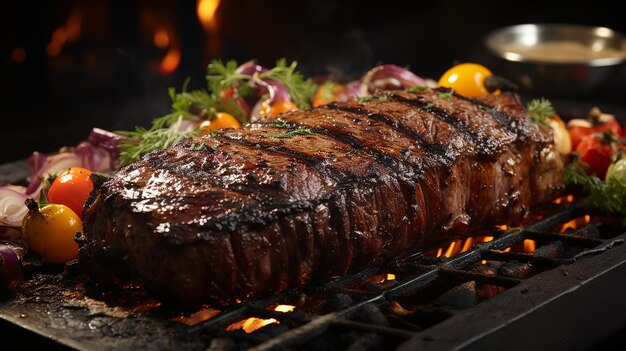 bistec en la parrilla con verduras y un fuego