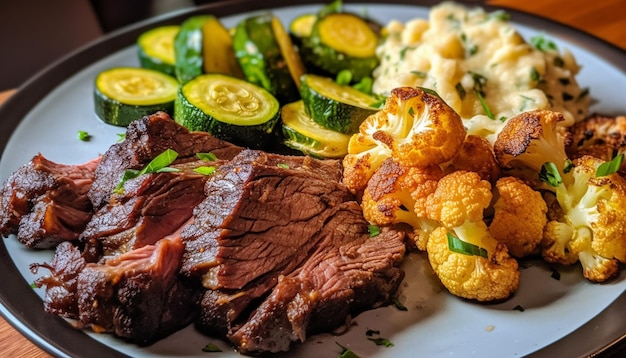 Foto bistec a la parrilla y verduras en un plato generado por ia