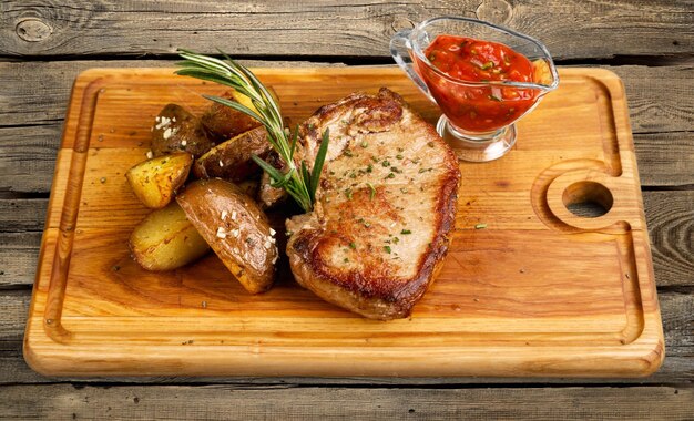 Bistec con patata y salsa de tomate sobre una tabla de madera