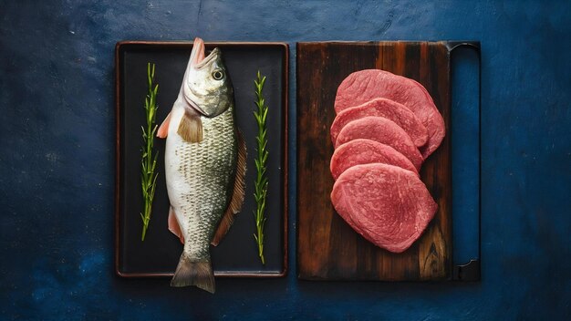 Foto bistec de pescado y carne de barramundi o pangasius