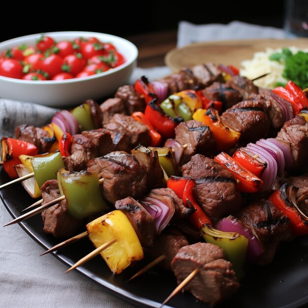 bistec de plátano y kebabs de shish