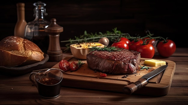 Un bistec y un plato de comida con un cuchillo y un tenedor.