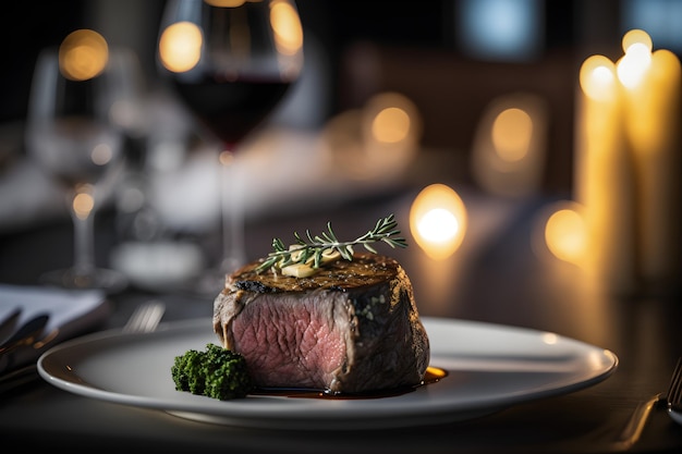 Un bistec en un plato con una copa de vino tinto