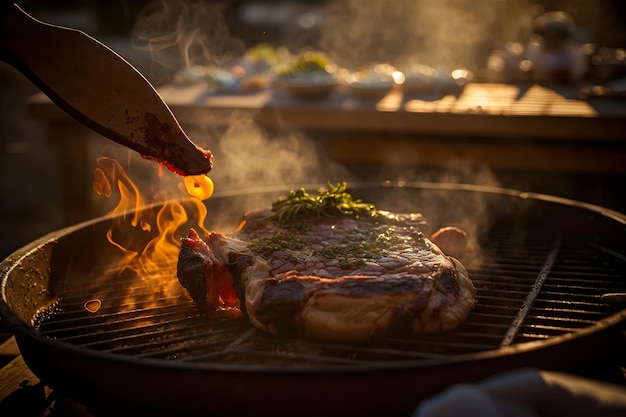 Un bistec en un plato con un fuego de fondo