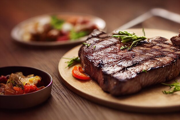 Un bistec en un plato con una guarnición de verduras IA generativa