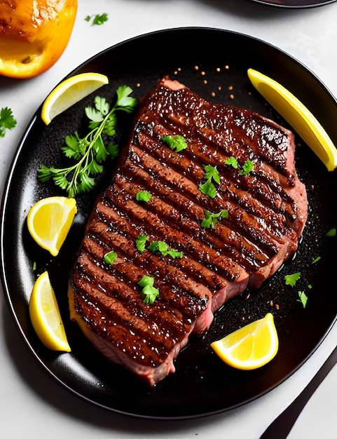 Un bistec con un plato negro con limones y perejil.