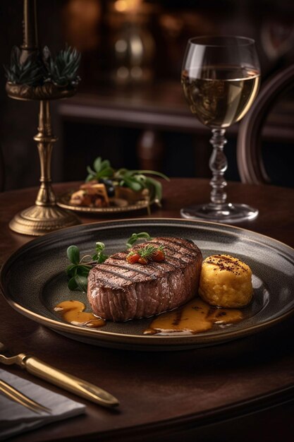 Un bistec en un plato con un plato de comida encima.