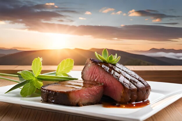 bistec en un plato con una puesta de sol en el fondo