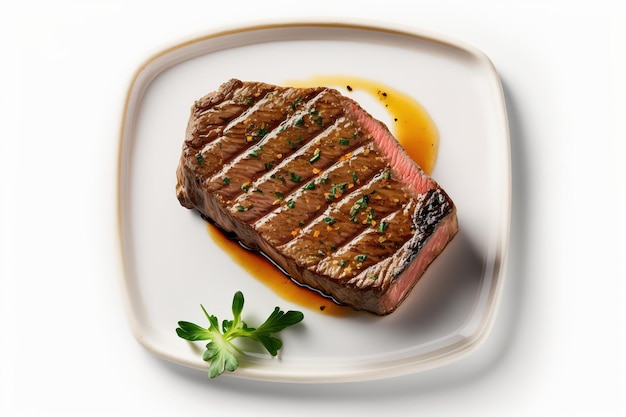 Un bistec en un plato con una ramita de perejil.