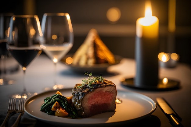 Un bistec en un plato con una vela al fondo