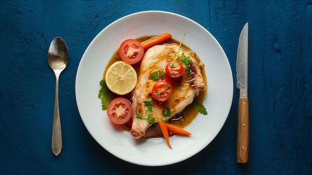 bistec de pollo con limón, tomate, chile y zanahoria en un plato blanco