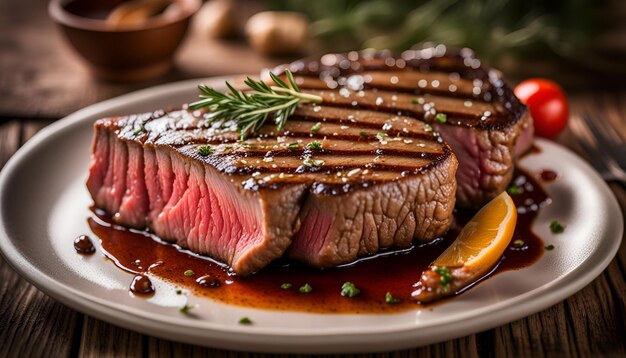 bistec de res cocinado a medio raro sobre un fondo de madera