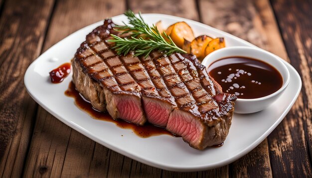 bistec de res cocinado a medio raro sobre un fondo de madera