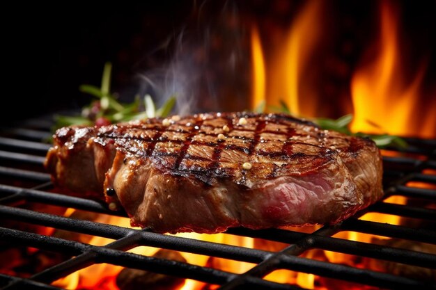 Foto bistec de res cocinando sobre una parrilla en llamas