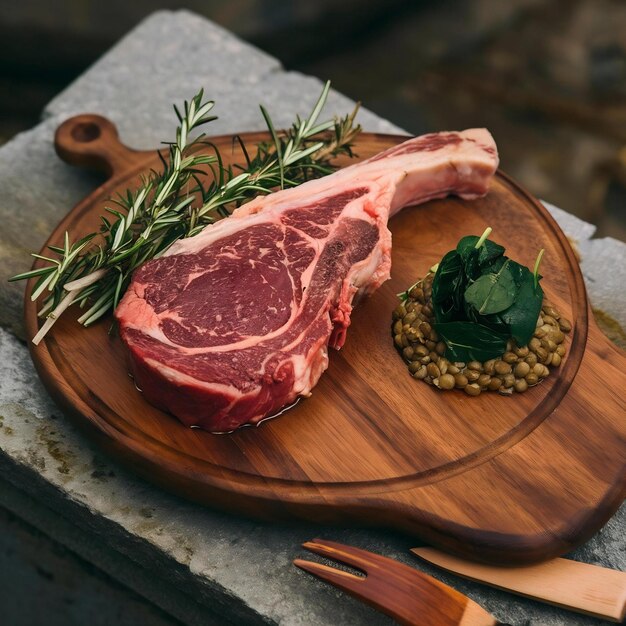 Foto bistec de ribeye crudo fresco en una tabla de corte de madera con lentejas de espinaca y romero en un estilo rústico