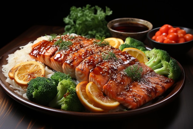 bistec de salmón a la parrilla y sopa de salchichón teriyaki ensalada de verduras en el plato comida japonesa