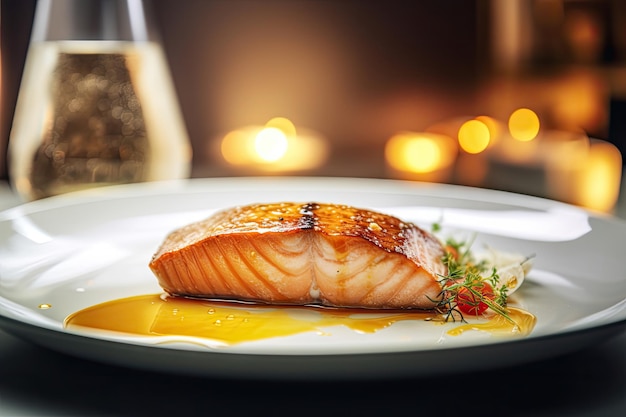 bistec de salmón en el plato con vino blanco en la mesa de madera