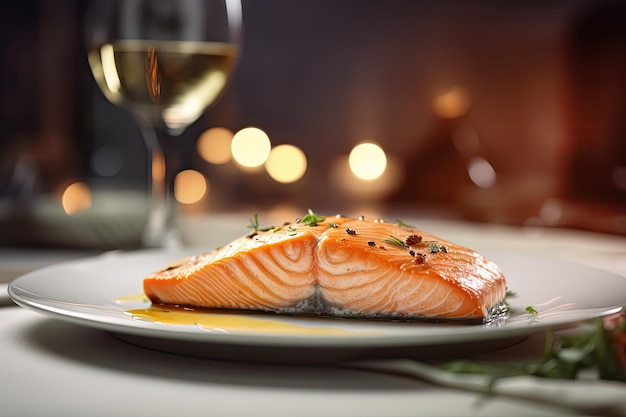 Foto bistec de salmón en el plato con vino blanco en la mesa de madera