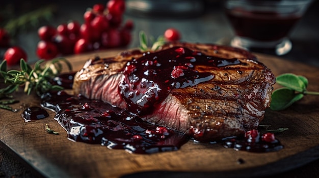 Un bistec con salsa roja encima