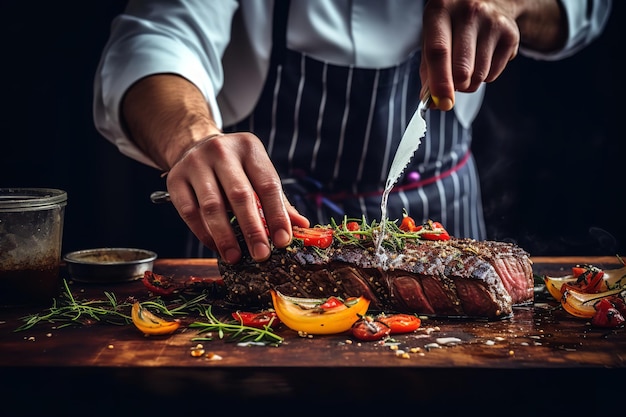 Un bistec sazonado por las manos del chef para la barbacoa