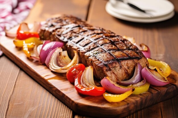 Foto bistec de seitan con cebollas y pimientos a la parrilla