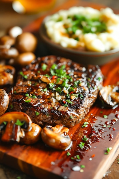 bistec con setas y puré de patatas en una tabla de madera