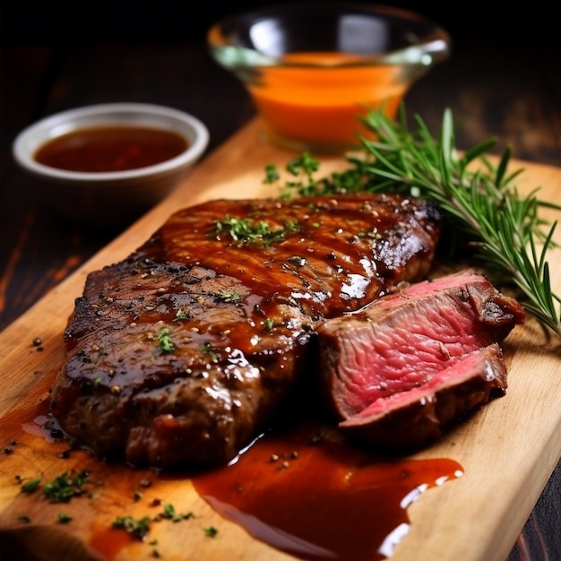 Un bistec en una tabla para cortar con una botella de jugo de naranja.