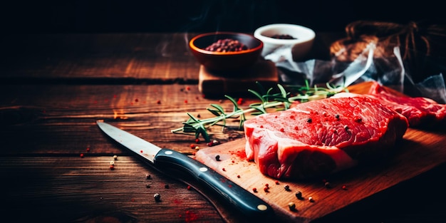 Un bistec en una tabla de cortar con un cuchillo al lado.