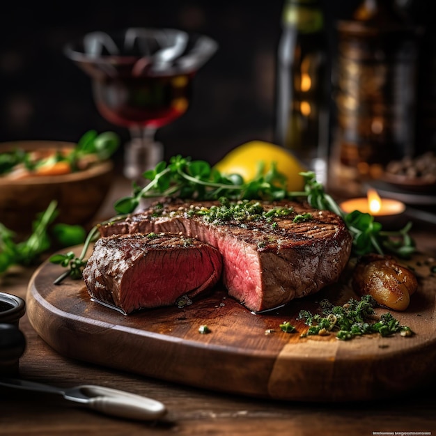 Un bistec en una tabla de cortar con un cuchillo y un tenedor al lado.