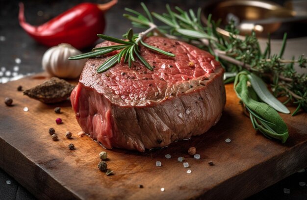 Un bistec en una tabla para cortar con hierbas y especias