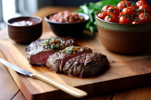 Un bistec en una tabla para cortar con un plato de tomate