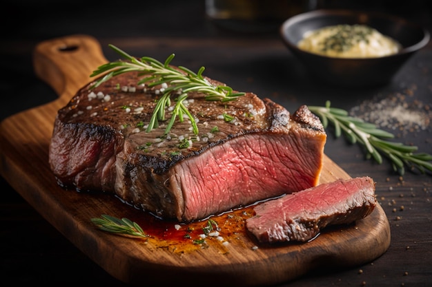 Un bistec en una tabla para cortar con una ramita de romero