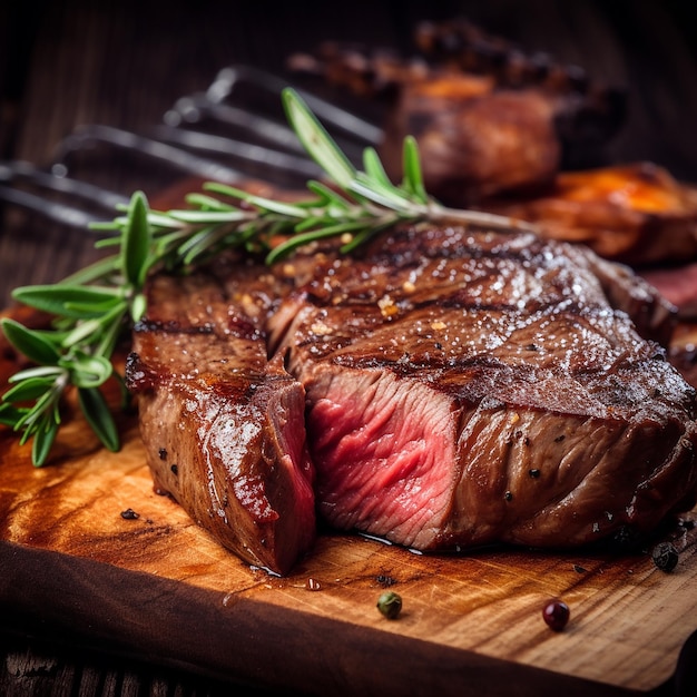 Un bistec en una tabla de cortar con una ramita de romero.