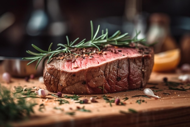 Un bistec en una tabla para cortar con una ramita de romero