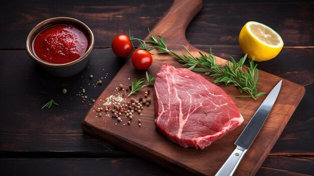 Un bistec en una tabla para cortar con un tazón de salsa de tomate y un cuchillo al lado.