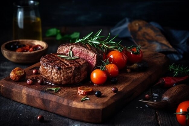 Un bistec en una tabla para cortar con tomates y hierbas.