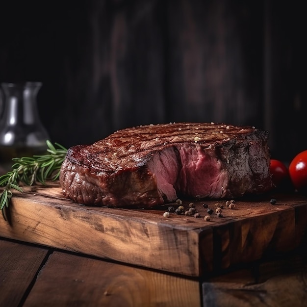 Un bistec en una tabla de madera con una botella de vino tinto al lado.