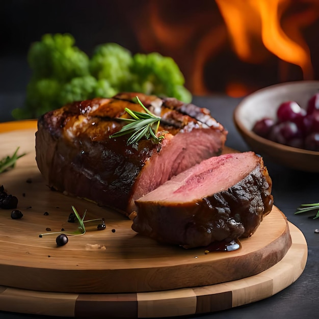 Un bistec en una tabla de madera con un plato de uvas y brócoli al lado.