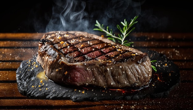 Un bistec en una tabla de madera con una ramita de romero