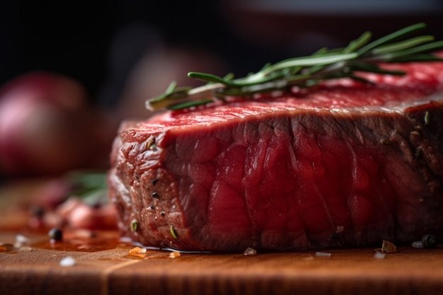 Un bistec en una tabla de madera con una ramita de romero