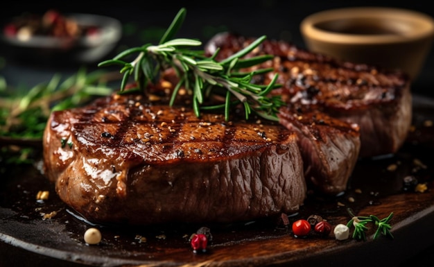 Un bistec en una tabla de madera con una ramita de romero